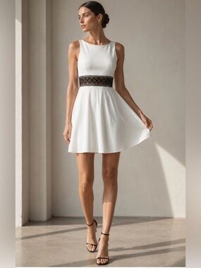 NWT Alice + Olivia White Mini Dress with Black Lace Waist